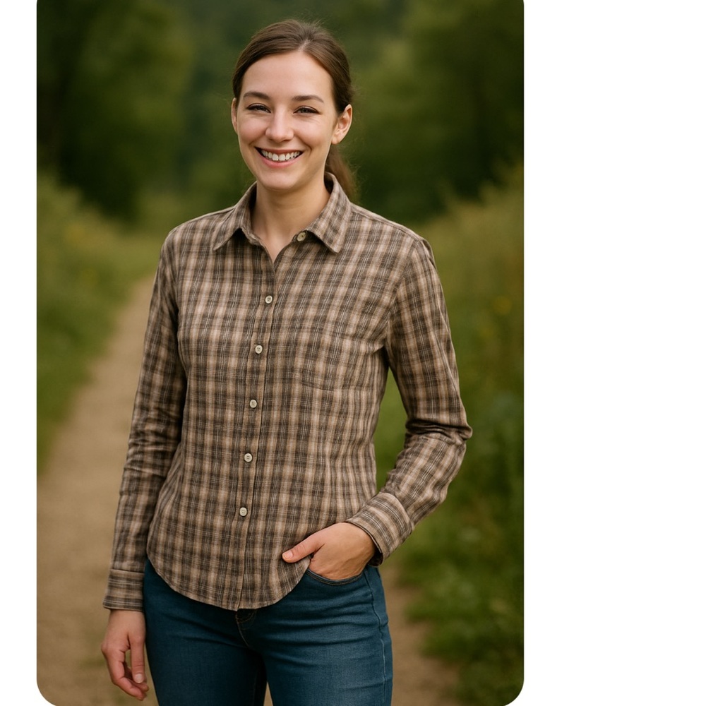 LL Bean Women's Plaid Flannel Button-Down Brown/Tan Shirt, M